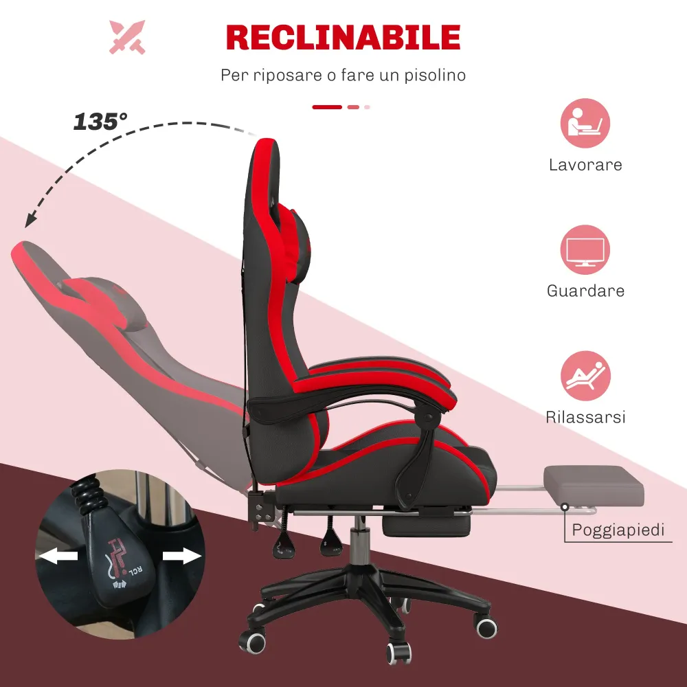 EasyComfort Sedia da Gaming con Altezza Regolabile e Schienale Reclinabile, 65x65x121-129 cm, Nero e Rosso
