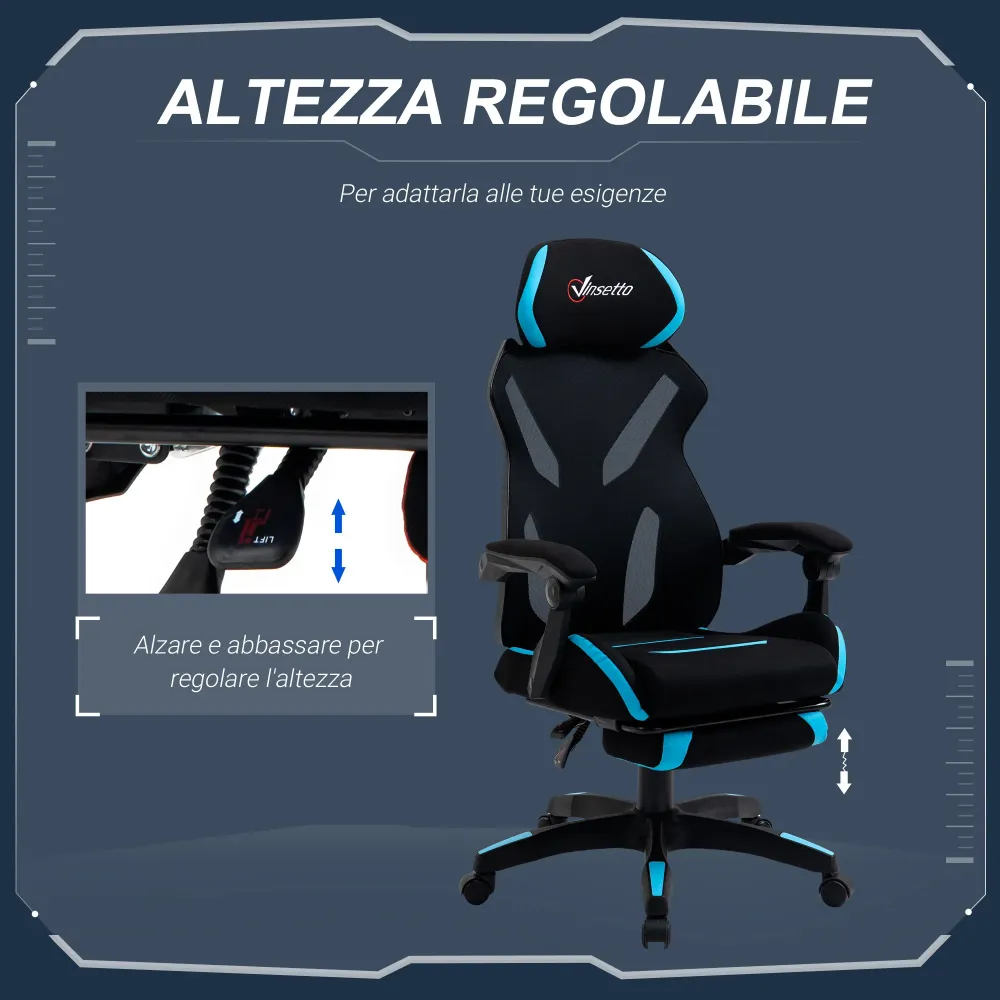 Easycomfort Sedia da Gaming con Supporto Lombare, Sedia Ufficio Ergonomica con Altezza Regolabile Tessuto Nero e Blu, 65x6...