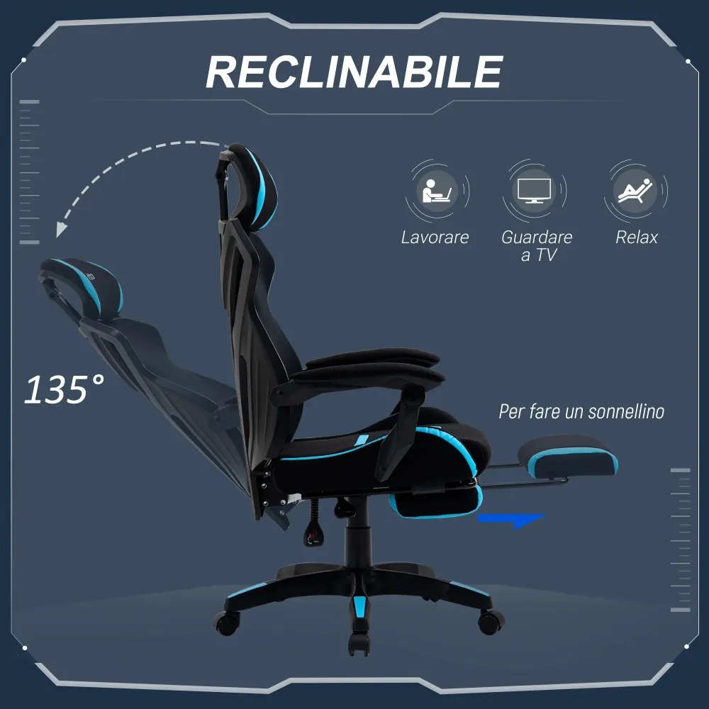 Easycomfort Sedia da Gaming con Supporto Lombare, Sedia Ufficio Ergonomica con Altezza Regolabile Tessuto Nero e Blu, 65x6...