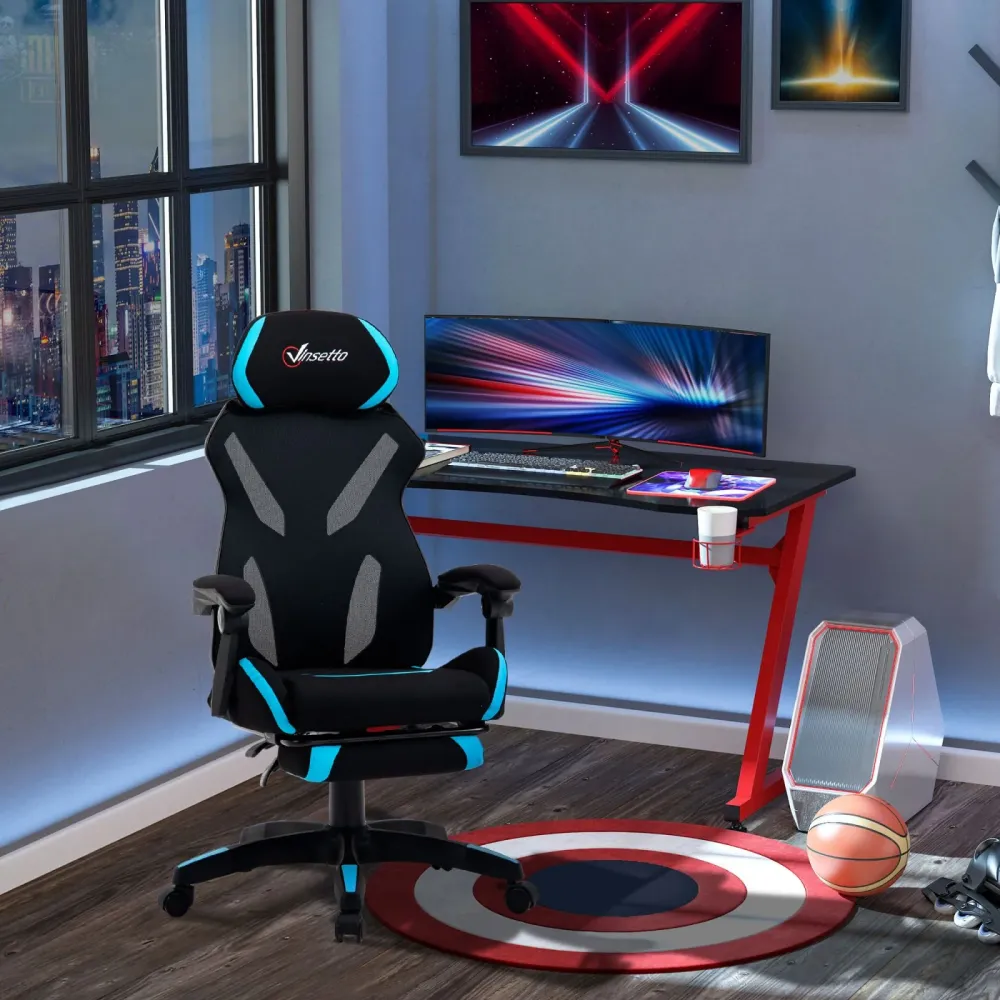 Easycomfort Sedia da Gaming con Supporto Lombare, Sedia Ufficio Ergonomica con Altezza Regolabile Tessuto Nero e Blu, 65x6...