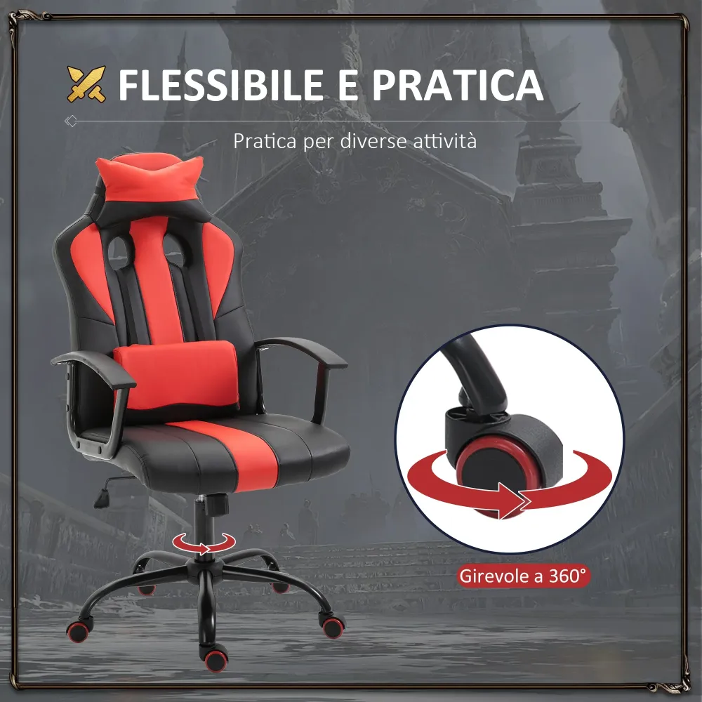 EasyComfort Sedia da Gaming Ergonomica con Braccioli Altezza Regolabile con Cuscino, Nero e Rosso