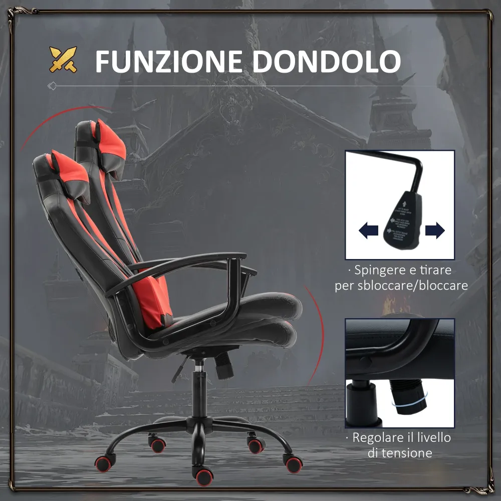 EasyComfort Sedia da Gaming Ergonomica con Braccioli Altezza Regolabile con Cuscino, Nero e Rosso
