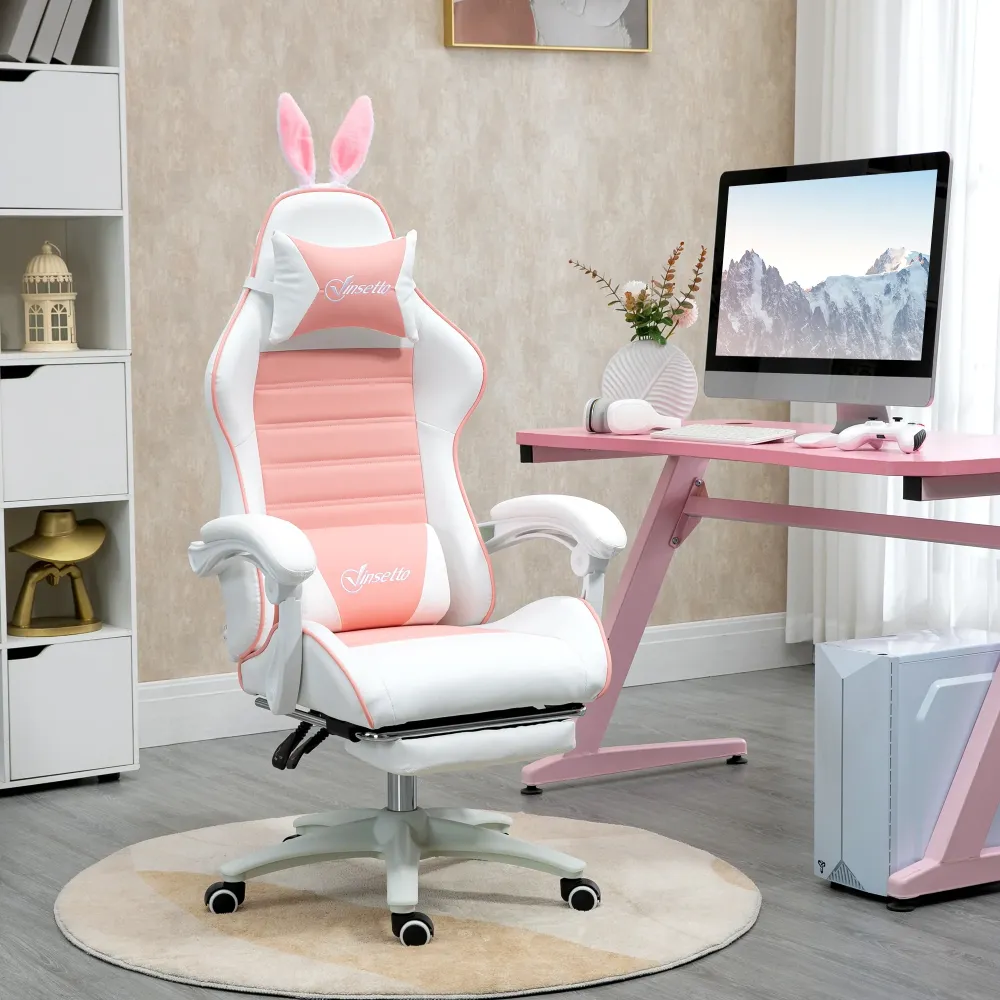 EasyComfort Sedia Gaming Ergonomica con Orecchie, Poggiapiedi Estraibile, Cuscino Lombare e Poggiatesta, Rosa