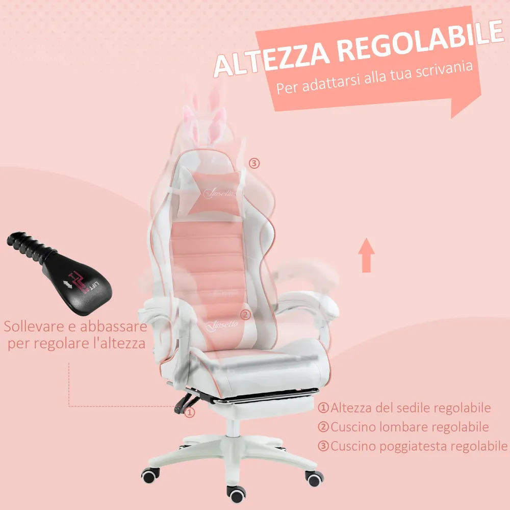 EasyComfort Sedia Gaming Ergonomica con Orecchie, Poggiapiedi Estraibile, Cuscino Lombare e Poggiatesta, Rosa