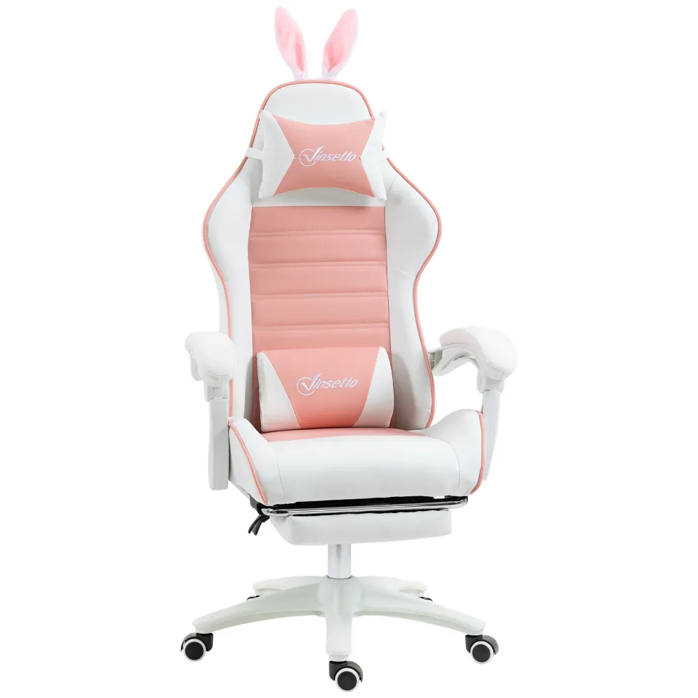 EasyComfort Sedia Gaming Ergonomica con Orecchie, Poggiapiedi Estraibile, Cuscino Lombare e Poggiatesta, Rosa