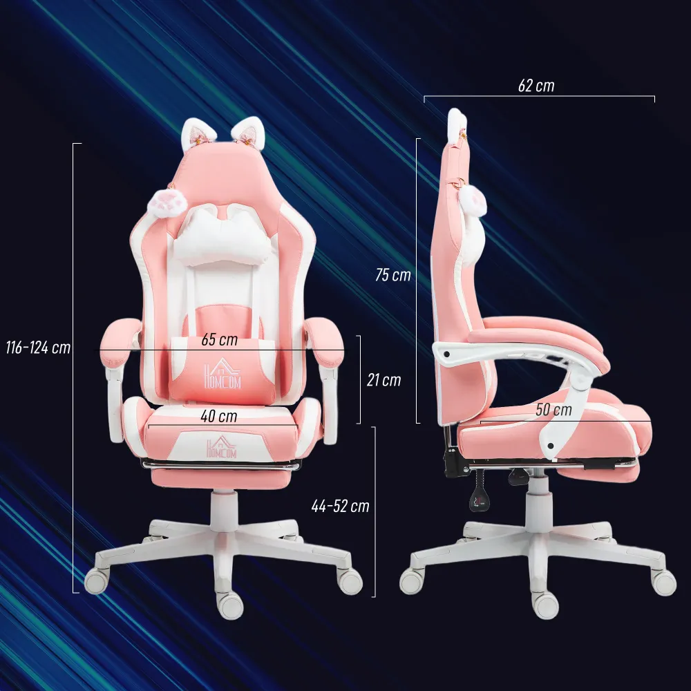 EasyComfort Sedia da Gaming Ergonomica con Orecchie da Gatto, Poggiapiedi, Supporto Lombare e Cervicale, Rosa