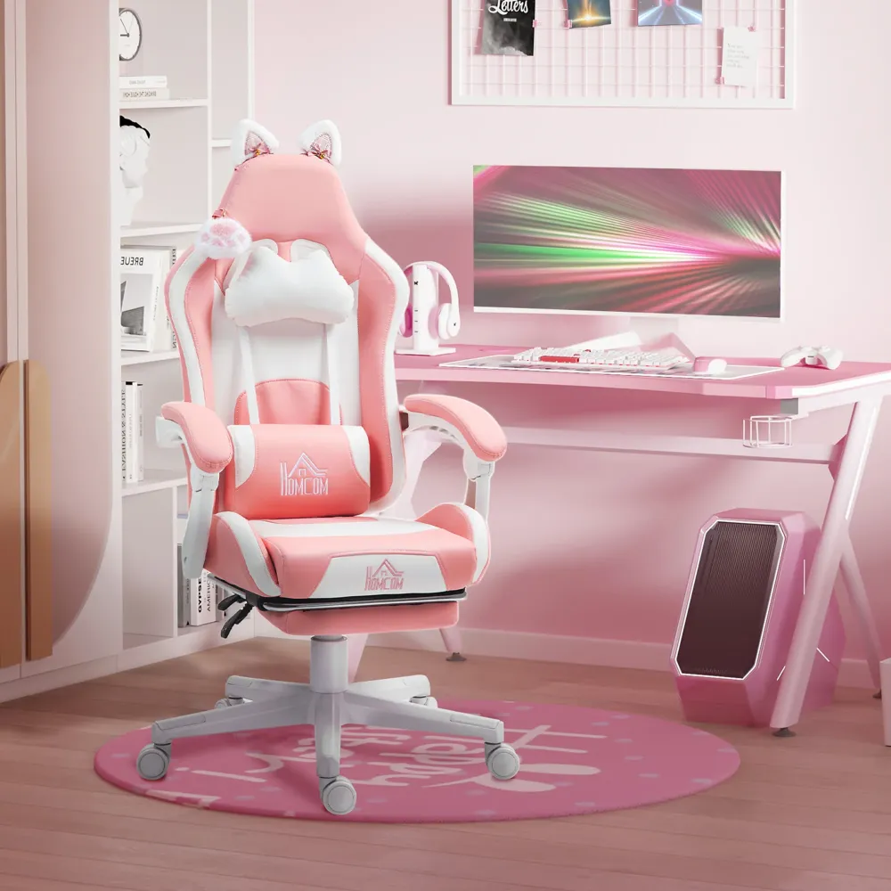 EasyComfort Sedia da Gaming Ergonomica con Orecchie da Gatto, Poggiapiedi, Supporto Lombare e Cervicale, Rosa