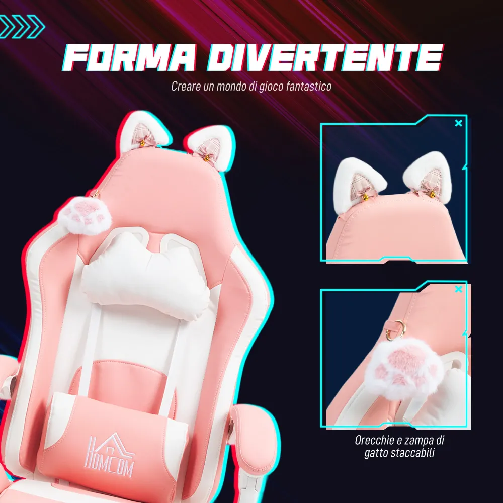 EasyComfort Sedia da Gaming Ergonomica con Orecchie da Gatto, Poggiapiedi, Supporto Lombare e Cervicale, Rosa