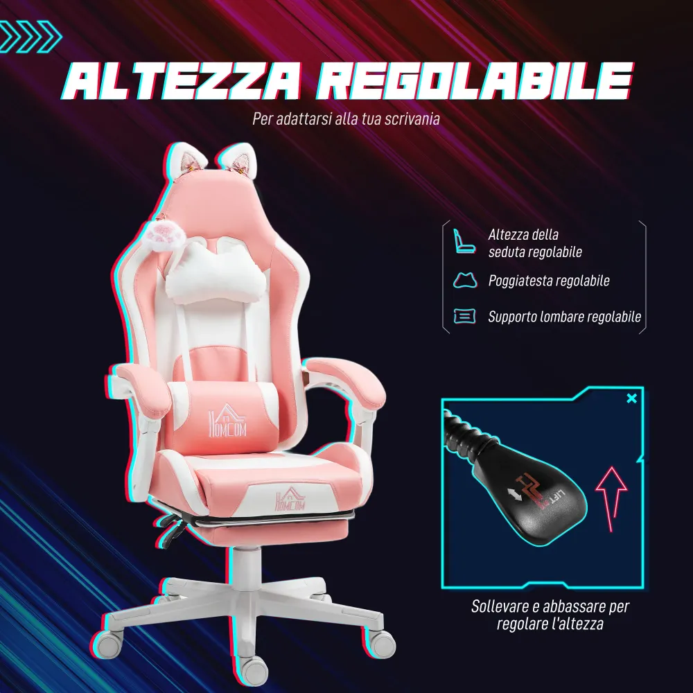 EasyComfort Sedia da Gaming Ergonomica con Orecchie da Gatto, Poggiapiedi, Supporto Lombare e Cervicale, Rosa