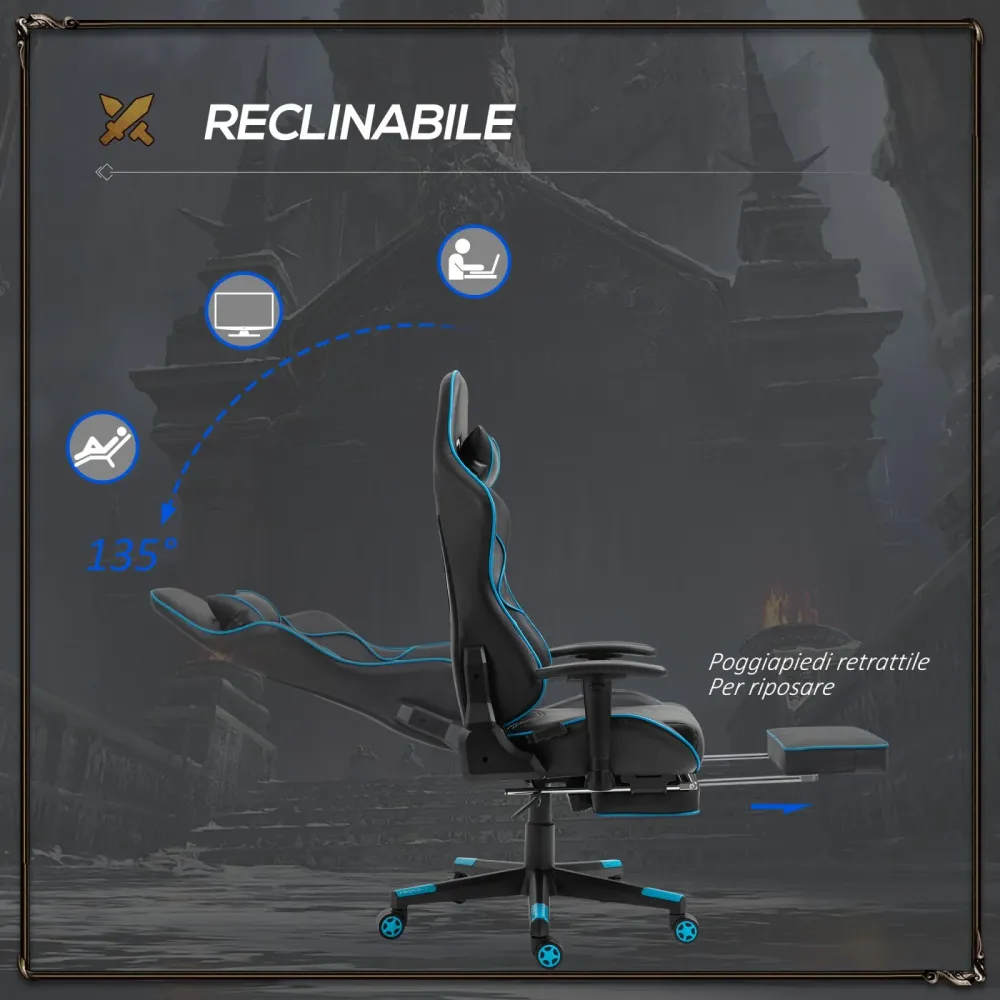 EASYCOMFORT Sedia Gaming Ergonomica con Poggiapiedi Estraibile e Supporto Lombare, 72x77x128-138cm, Nero