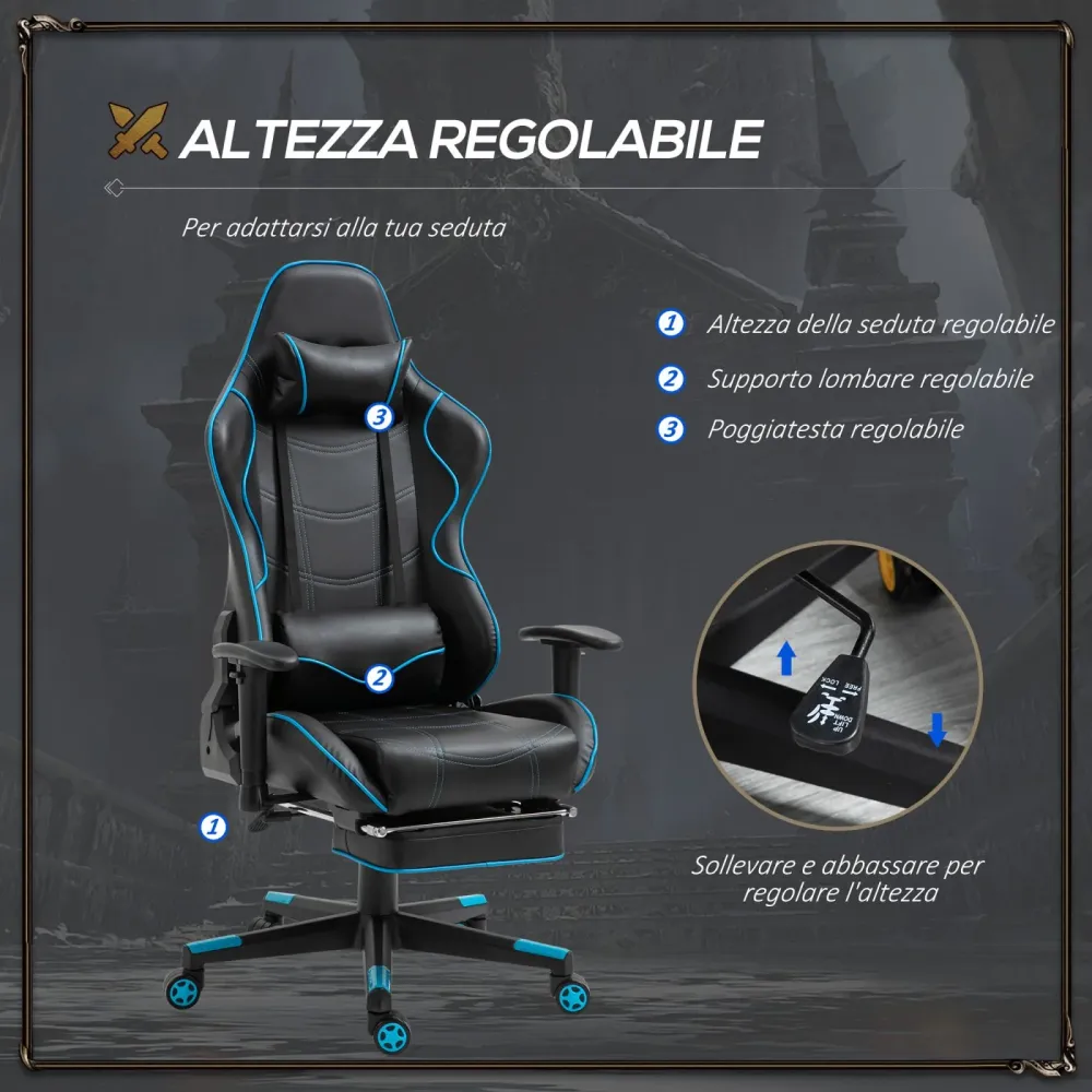 EASYCOMFORT Sedia Gaming Ergonomica con Poggiapiedi Estraibile e Supporto Lombare, 72x77x128-138cm, Nero