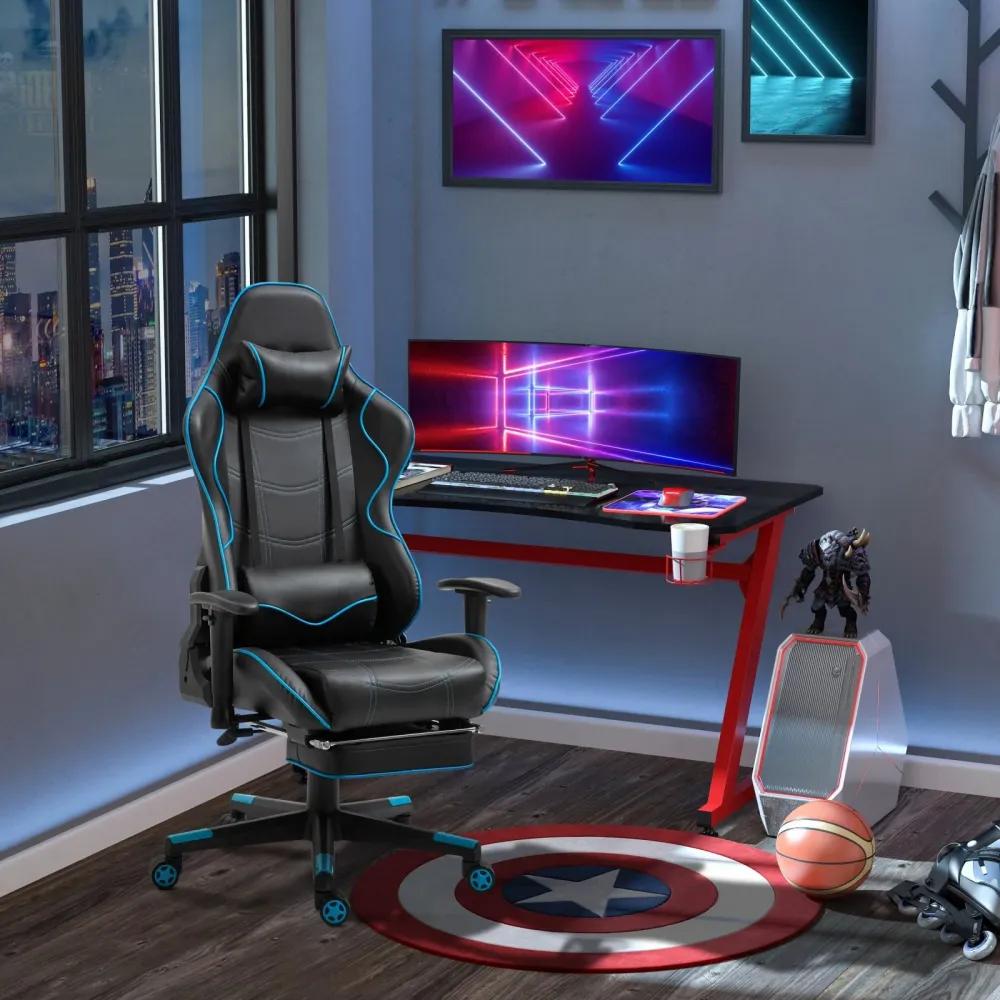 EASYCOMFORT Sedia Gaming Ergonomica con Poggiapiedi Estraibile e Supporto Lombare, 72x77x128-138cm, Nero