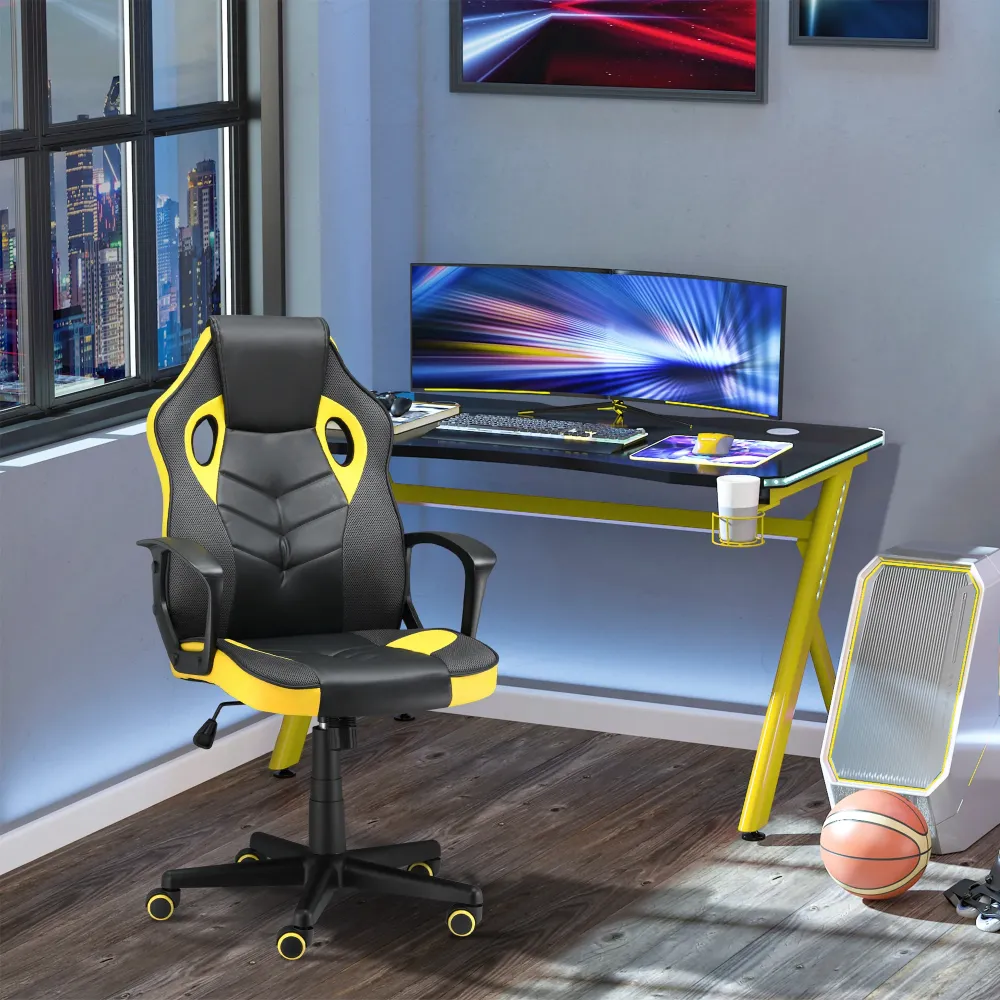Easycomfort Sedia Gaming Ergonomica, Poltrona da Ufficio Girevole con Rotelle Similpelle Nera e Gialla, Altezza Regolabile