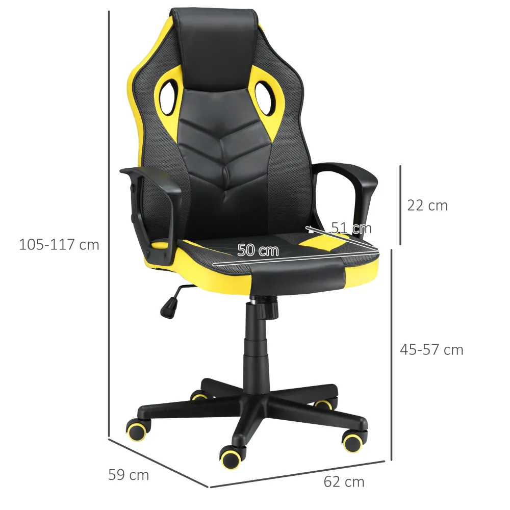 Easycomfort Sedia Gaming Ergonomica, Poltrona da Ufficio Girevole con Rotelle Similpelle Nera e Gialla, Altezza Regolabile