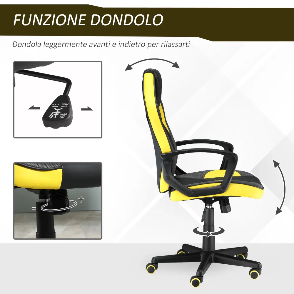 Easycomfort Sedia Gaming Ergonomica, Poltrona da Ufficio Girevole con Rotelle Similpelle Nera e Gialla, Altezza Regolabile