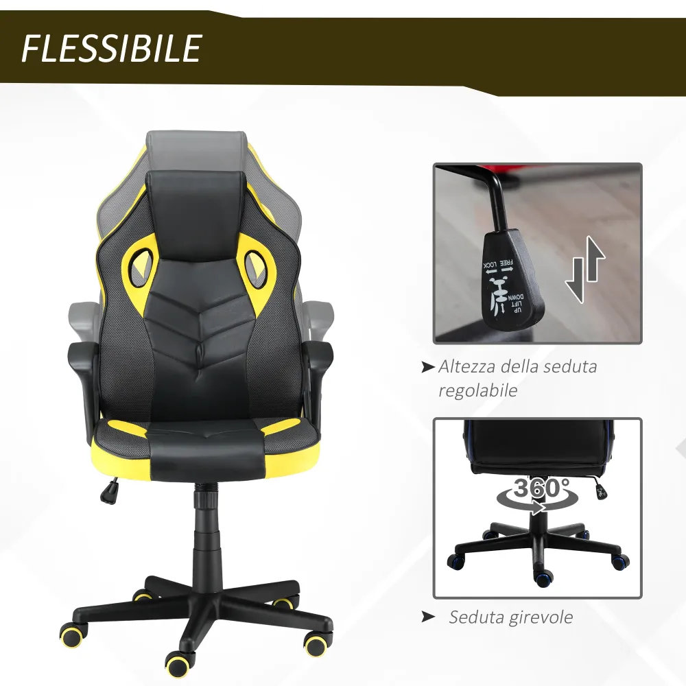 Easycomfort Sedia Gaming Ergonomica, Poltrona da Ufficio Girevole con Rotelle Similpelle Nera e Gialla, Altezza Regolabile
