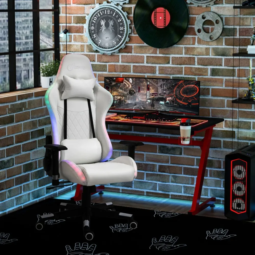 EASYCOMFORT Sedia da Gaming Luminosa con Luci LED Altezza Regolabile Similpelle Bianca
