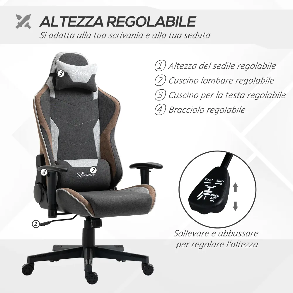Easycomfort Sedia da Gaming Reclinabile 150° con Funzione Dondolo, Poggiatesta e Cuscino Lombare, Grigio
