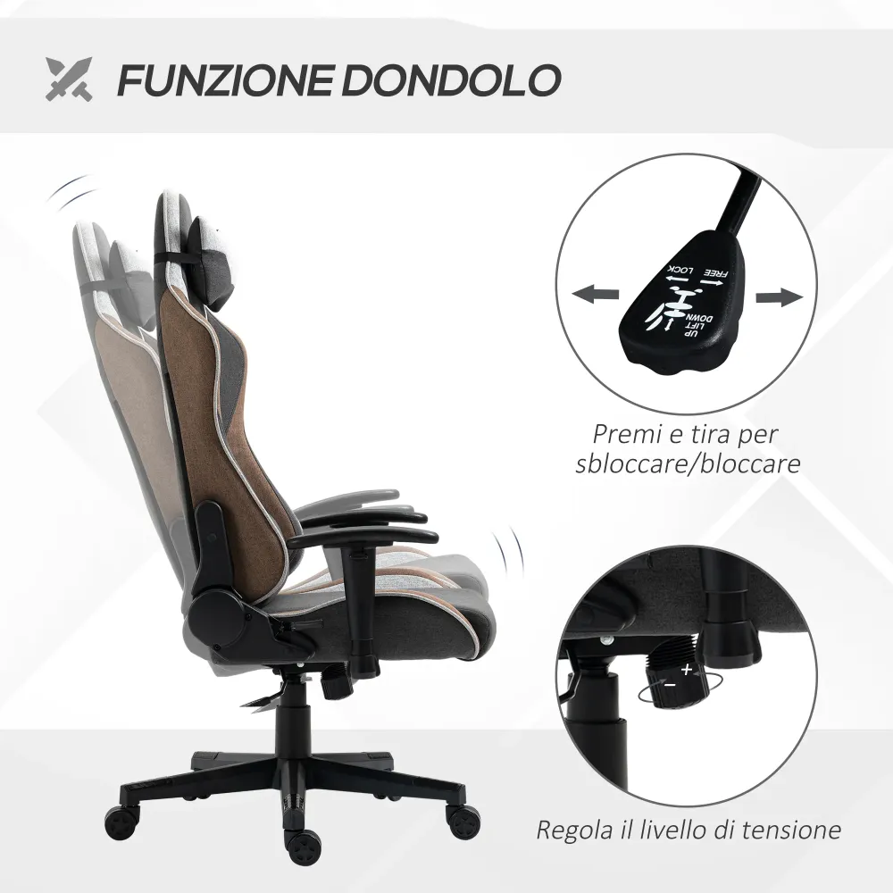 Easycomfort Sedia da Gaming Reclinabile 150° con Funzione Dondolo, Poggiatesta e Cuscino Lombare, Grigio