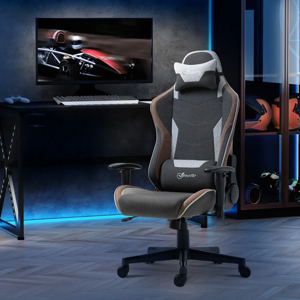 Easycomfort Sedia da Gaming Reclinabile 150° con Funzione Dondolo, Poggiatesta e Cuscino Lombare, Grigio