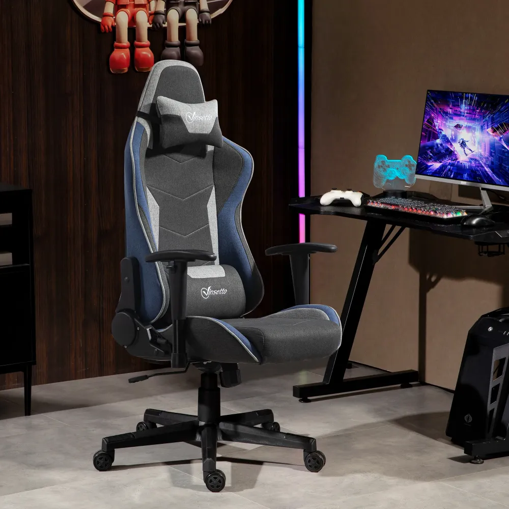 EasyComfort Sedia da Gaming Reclinabile 150° con Funzione Dondolo, Tessuto Effetto Lino, 66x53x128-138 cm, Grigio
