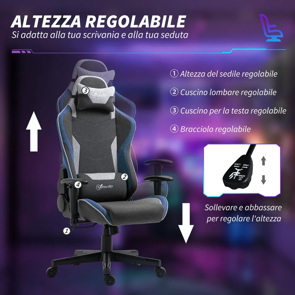 EasyComfort Sedia da Gaming Reclinabile 150° con Funzione Dondolo, Tessuto Effetto Lino, 66x53x128-138 cm, Grigio