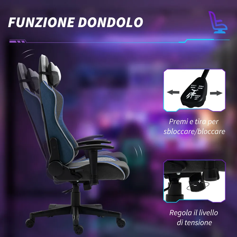 EasyComfort Sedia da Gaming Reclinabile 150° con Funzione Dondolo, Tessuto Effetto Lino, 66x53x128-138 cm, Grigio