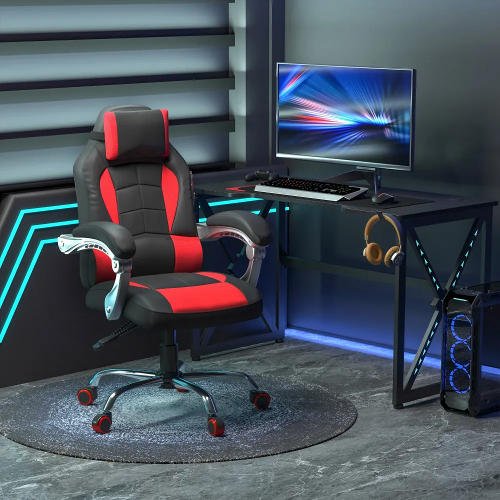 EasyComfort Sedia da Gaming Reclinabile con Supporto Lombare e Poggiatesta Pelle PU, Rosso e Nero