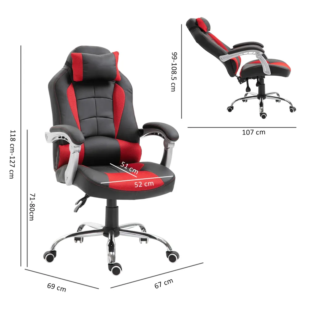 EasyComfort Sedia da Gaming Reclinabile con Supporto Lombare e Poggiatesta Pelle PU, Rosso e Nero