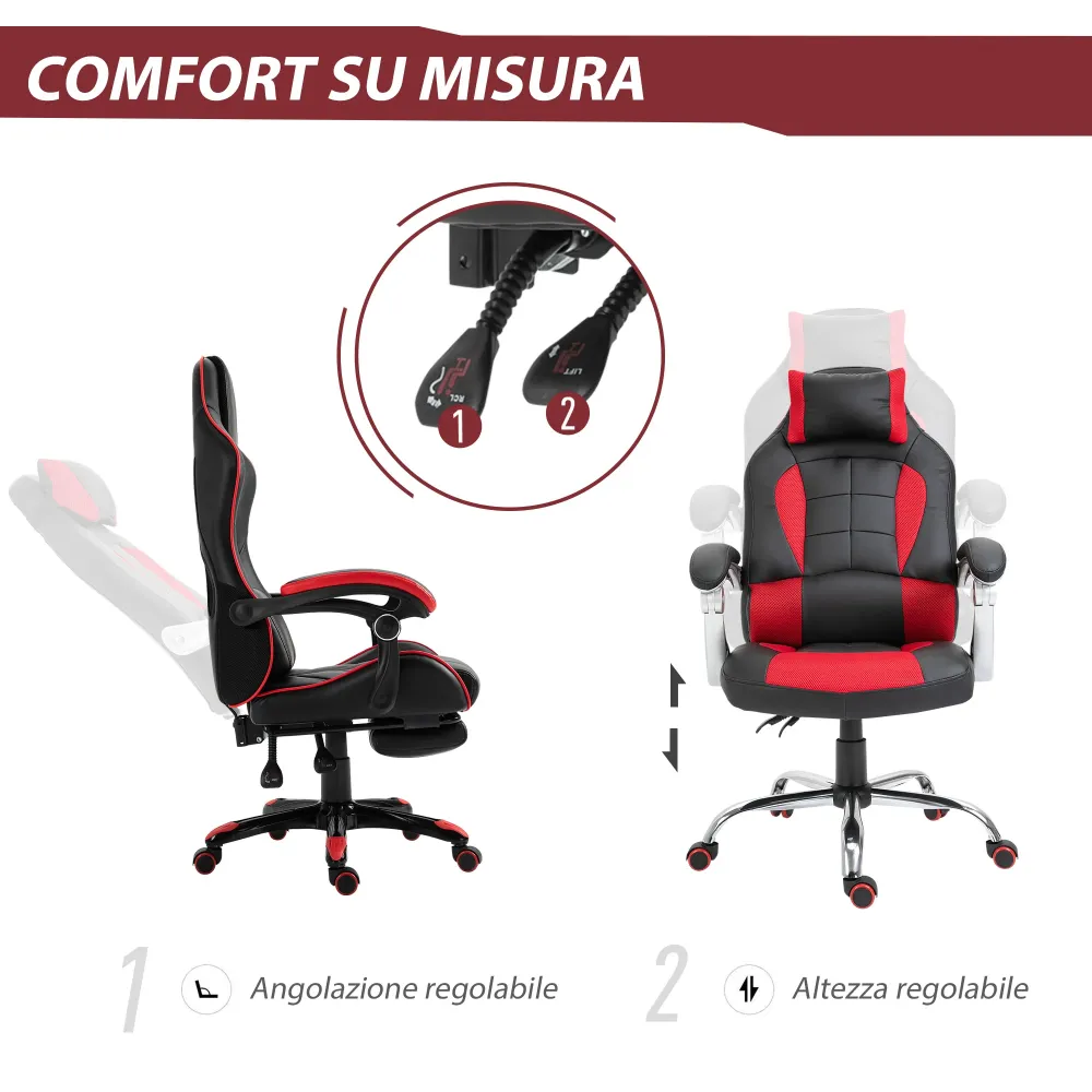 EasyComfort Sedia da Gaming Reclinabile con Supporto Lombare e Poggiatesta Pelle PU, Rosso e Nero