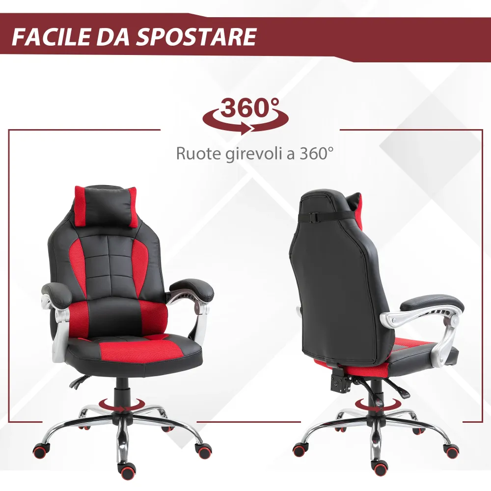 EasyComfort Sedia da Gaming Reclinabile con Supporto Lombare e Poggiatesta Pelle PU, Rosso e Nero