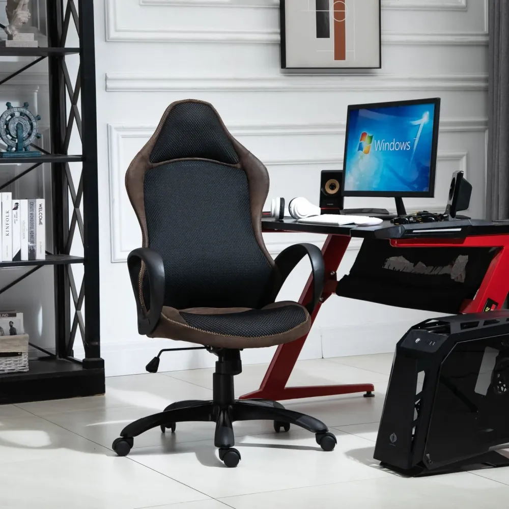 EasyComfort Sedia da Gaming e Ufficio Altezza Regolabile e Dondolamento, Girevole 360° con Ruote, Tessuto Nero e Marrone,...