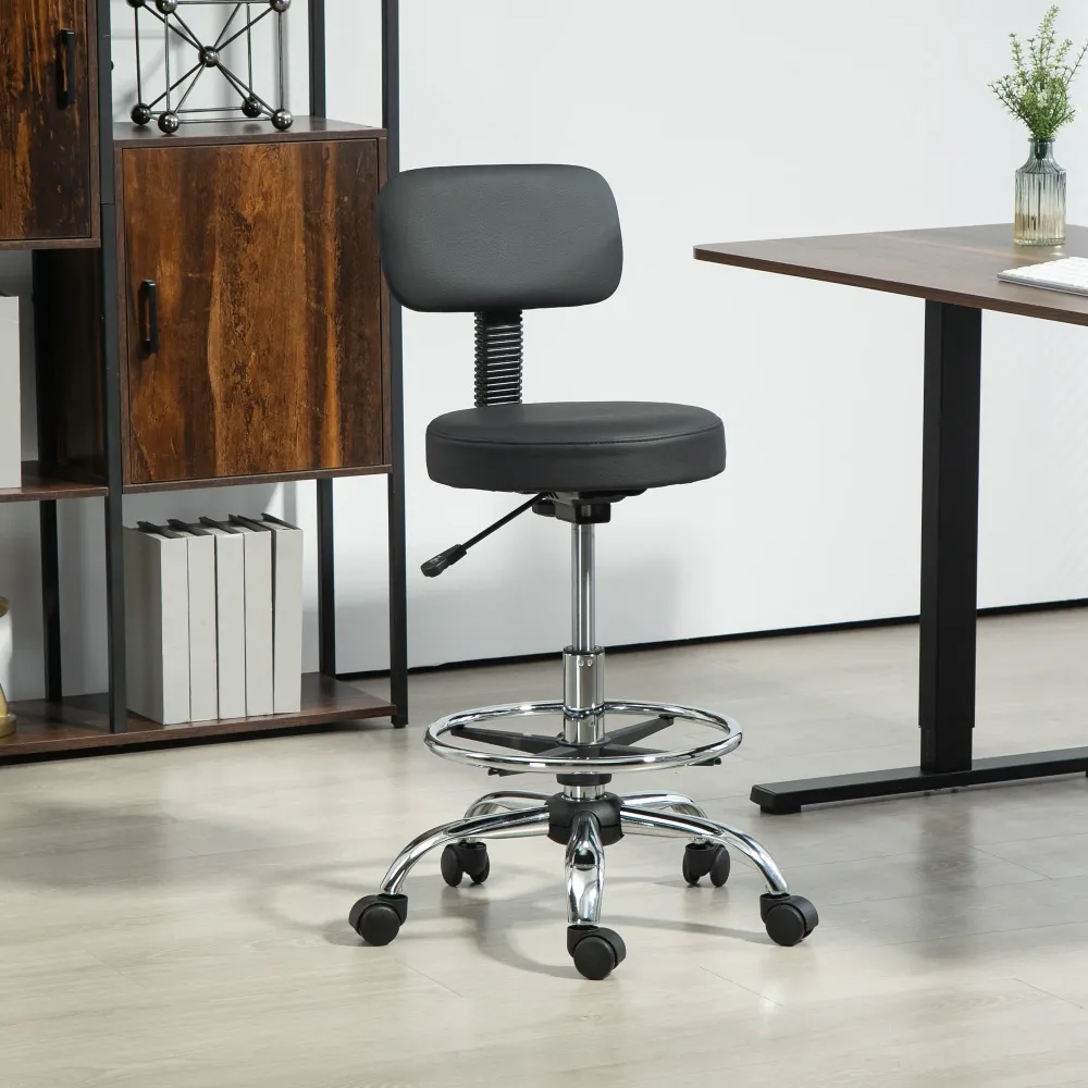 EasyComfort Sedia Girevole ad Altezza Regolabile con Poggiapiedi, Acciaio, Finta Pelle e Gommapiuma, 52x52x78-92 cm, Nero