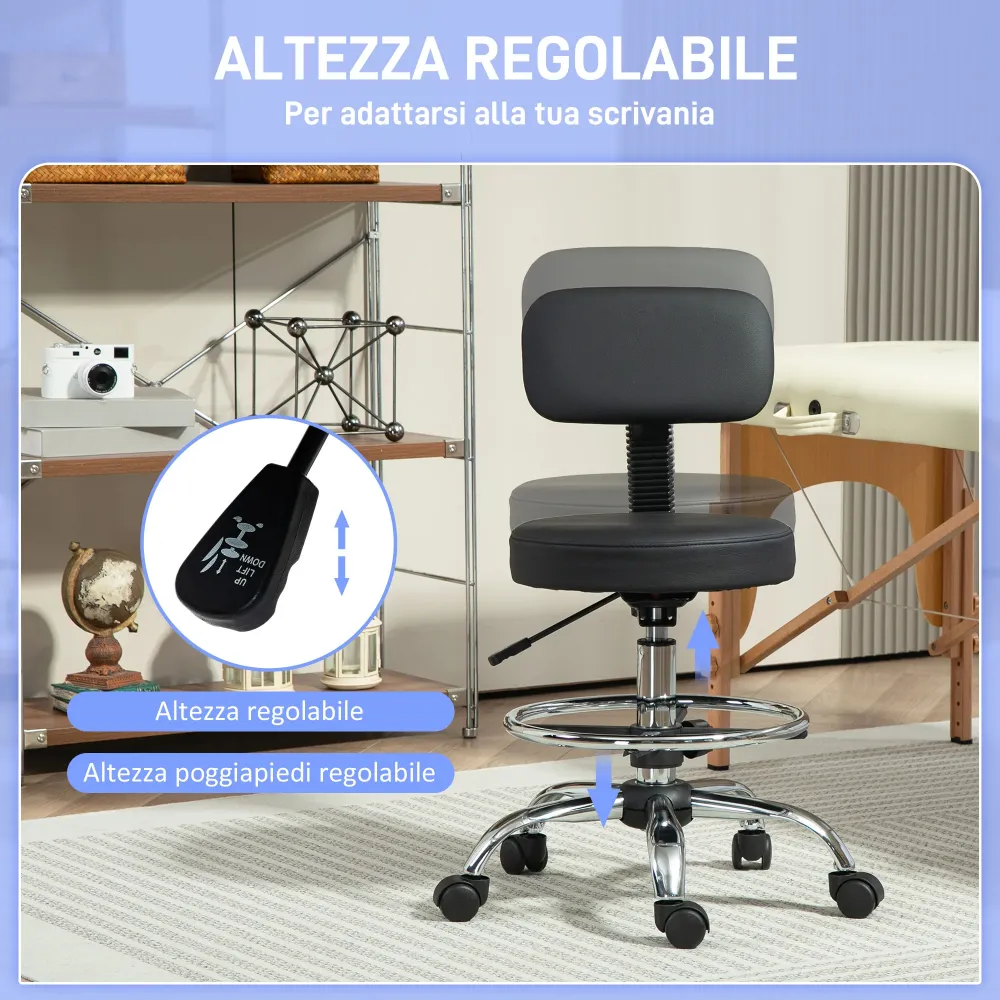 EasyComfort Sedia Girevole ad Altezza Regolabile con Poggiapiedi, Acciaio, Finta Pelle e Gommapiuma, 52x52x78-92 cm, Nero