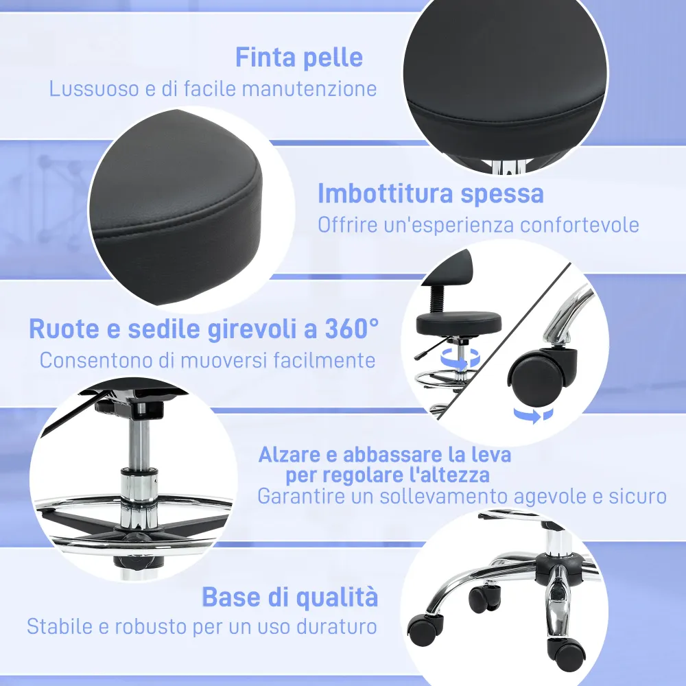 EasyComfort Sedia Girevole ad Altezza Regolabile con Poggiapiedi, Acciaio, Finta Pelle e Gommapiuma, 52x52x78-92 cm, Nero