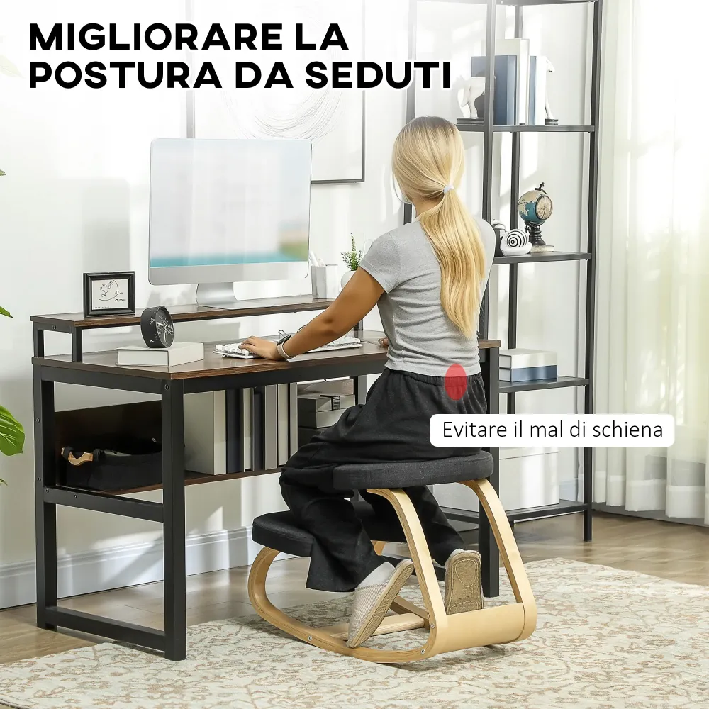 EasyComfort Sedia Inginocchiatoio con Movimento Dondolo, Tessuto Effetto Lino e Legno di Betulla, 50x73x55 cm, Nero