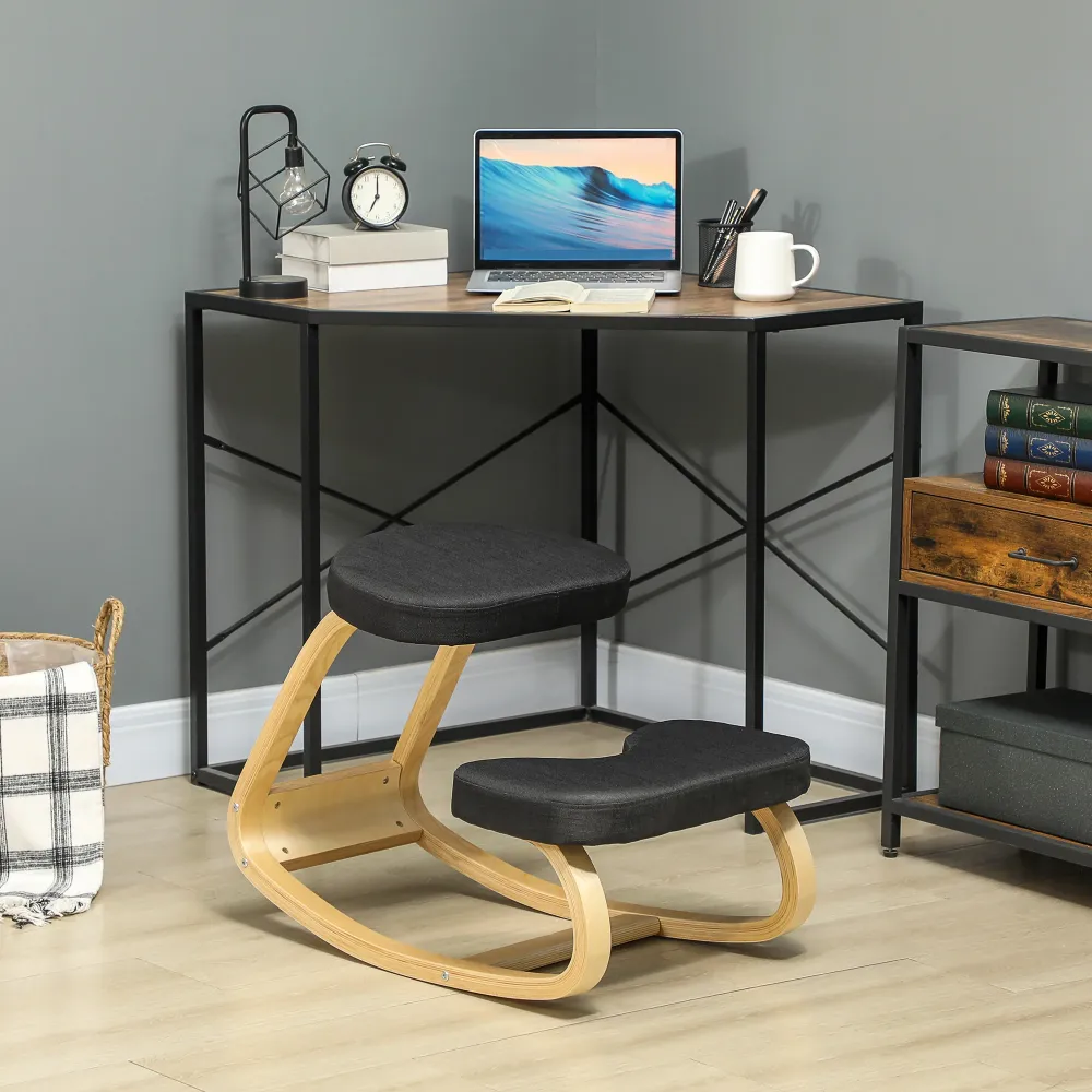 EasyComfort Sedia Inginocchiatoio con Movimento Dondolo, Tessuto Effetto Lino e Legno di Betulla, 50x73x55 cm, Nero