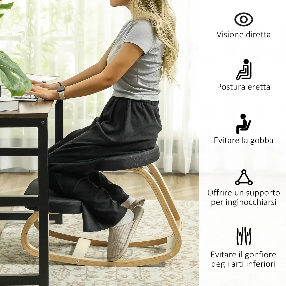 EasyComfort Sedia Inginocchiatoio con Movimento Dondolo, Tessuto Effetto Lino e Legno di Betulla, 50x73x55 cm, Nero