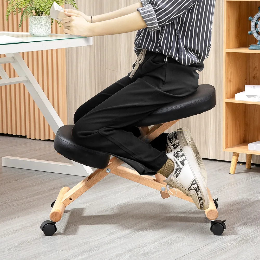 EASYCOMFORT Sedia Inginocchiatoio Legno per Casa e Ufficio con Ruote e Altezza Regolabile, 43x67x57-75 cm, Nera