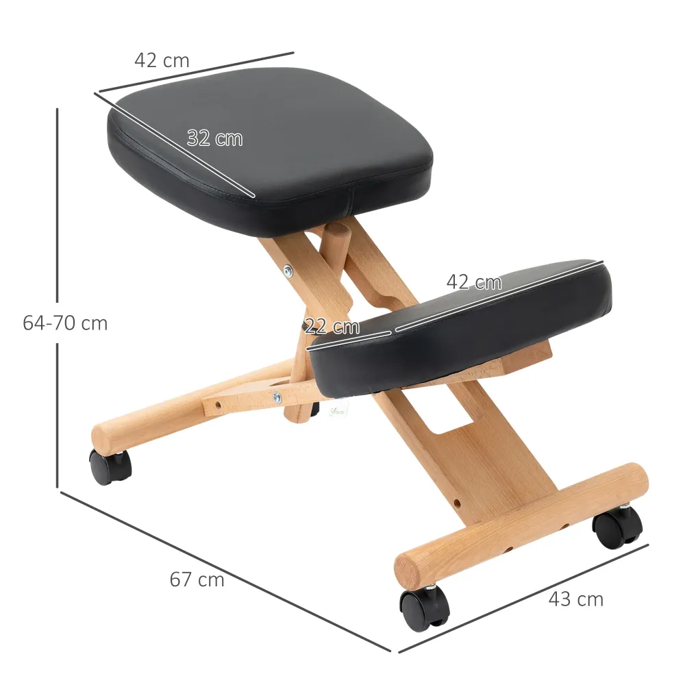 EASYCOMFORT Sedia Inginocchiatoio Legno per Casa e Ufficio con Ruote e Altezza Regolabile, 43x67x57-75 cm, Nera