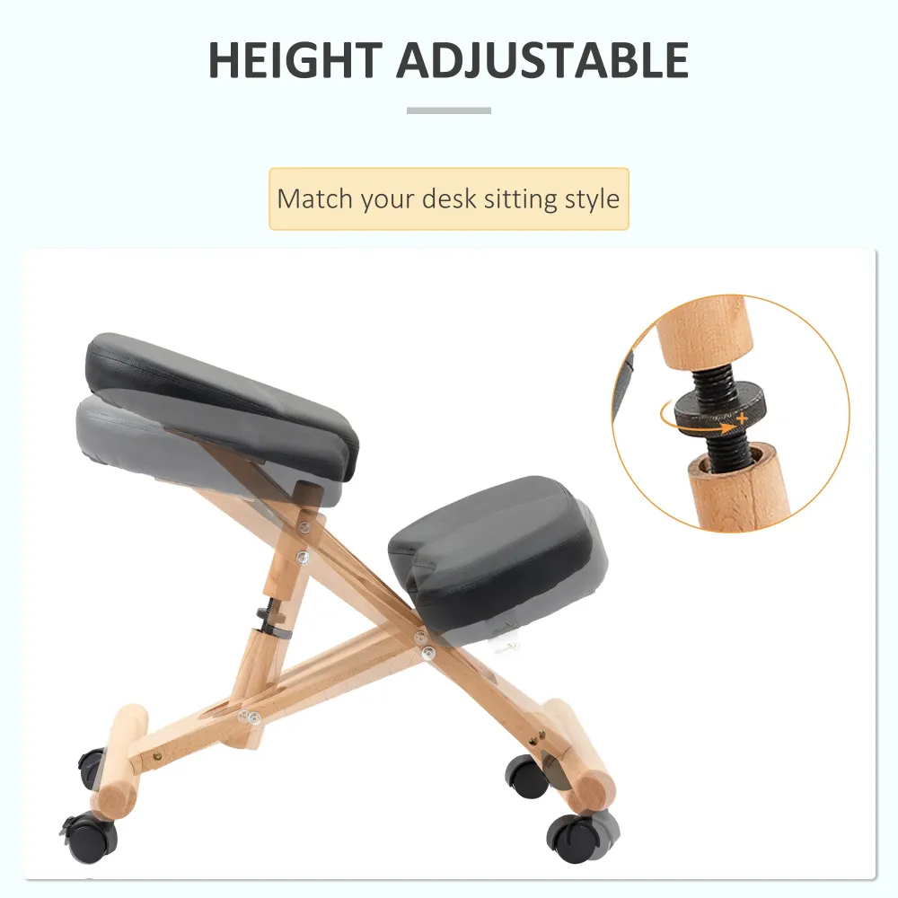 EASYCOMFORT Sedia Inginocchiatoio Legno per Casa e Ufficio con Ruote e Altezza Regolabile, 43x67x57-75 cm, Nera