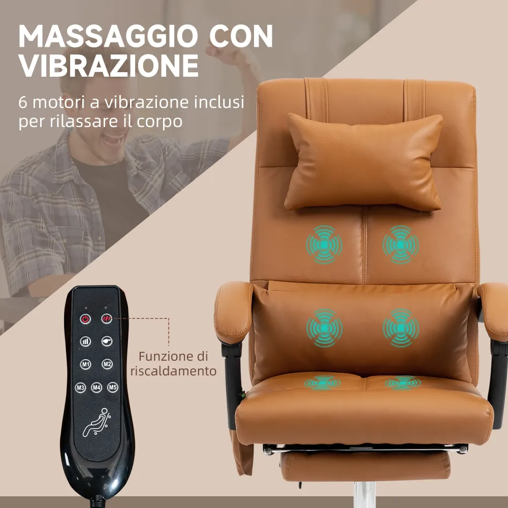 EasyComfort Sedia Massaggiante ad Altezza Regolabile con Poggiapiedi, Finta Pelle, 66x67x115-123 cm, Marrone Chiaro