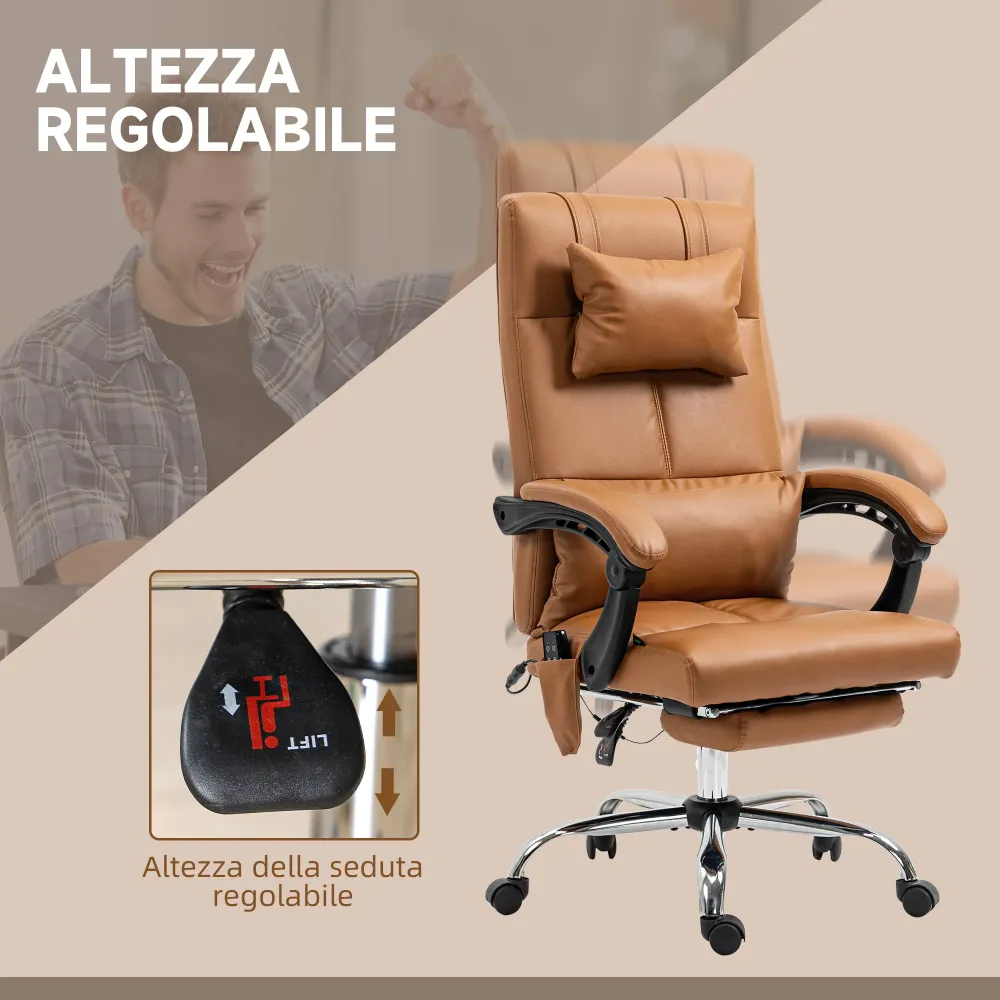 EasyComfort Sedia Massaggiante ad Altezza Regolabile con Poggiapiedi, Finta Pelle, 66x67x115-123 cm, Marrone Chiaro