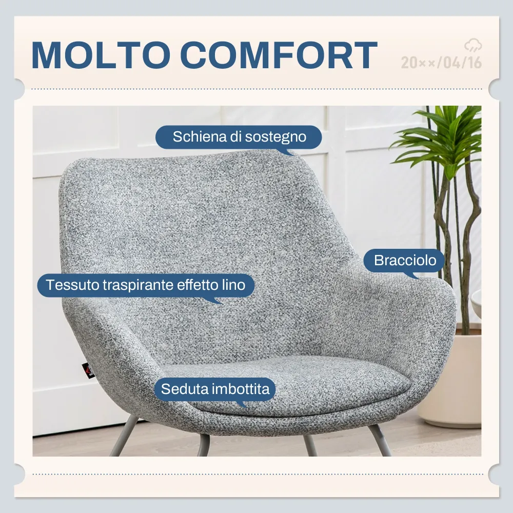 EasyComfort Sedia Moderna con Braccioli e Schienale Imbottiti, Tessuto Effetto Lino e Acciaio, 63x69x75 cm, Grigio