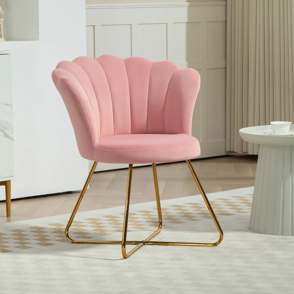 EasyComfort Sedia Moderna Ergonomica con Schienale Petalo Vellutato Rosa e Gambe Incrociate Oro, 69x64x80 cm