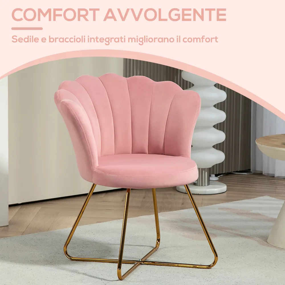 EasyComfort Sedia Moderna Ergonomica con Schienale Petalo Vellutato Rosa e Gambe Incrociate Oro, 69x64x80 cm