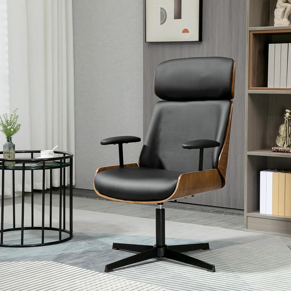 Easycomfort Sedia per Scrivania con Schienale Legno e Seduta Pelle PU Traspirante e Imbottita, 62x76.5x105 cm, Nera