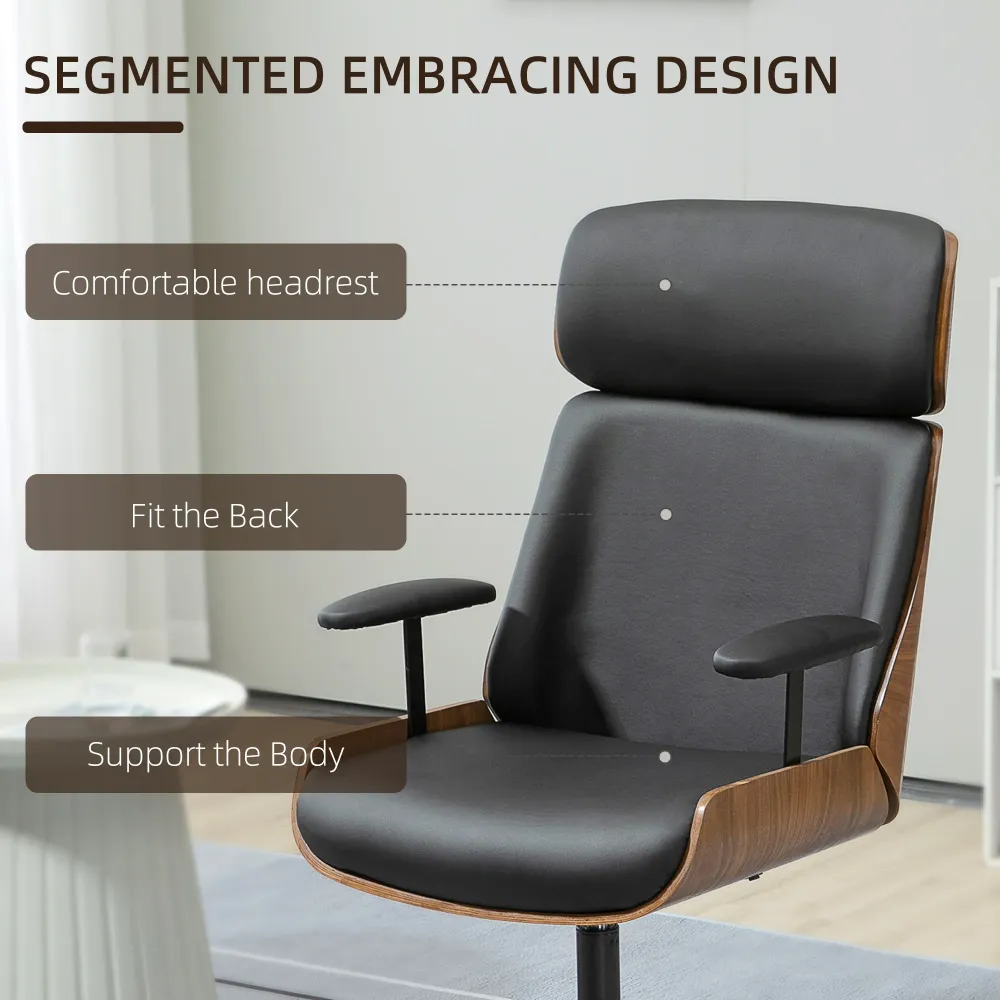 Easycomfort Sedia per Scrivania con Schienale Legno e Seduta Pelle PU Traspirante e Imbottita, 62x76.5x105 cm, Nera
