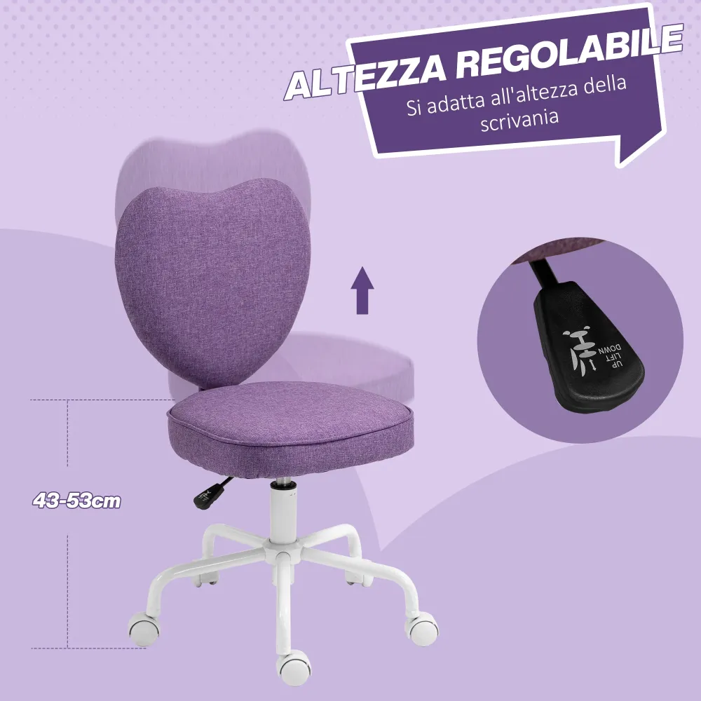 EasyComfort Sedia per Scrivania Cuore con 5 Rotelle e Altezza Regolabile Tessuto, 40x50x79-89cm, Viola