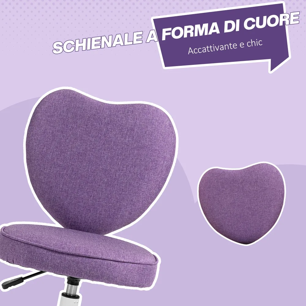 EasyComfort Sedia per Scrivania Cuore con 5 Rotelle e Altezza Regolabile Tessuto, 40x50x79-89cm, Viola